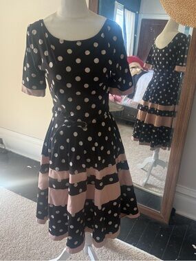 eshakti Black and Blush Polka Dot Midi Fit-and-Flare Dress size S/4